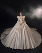 Regal Square Neck Satin Ball Gown Wedding Dress with Oversized Bow & Cathedral Train