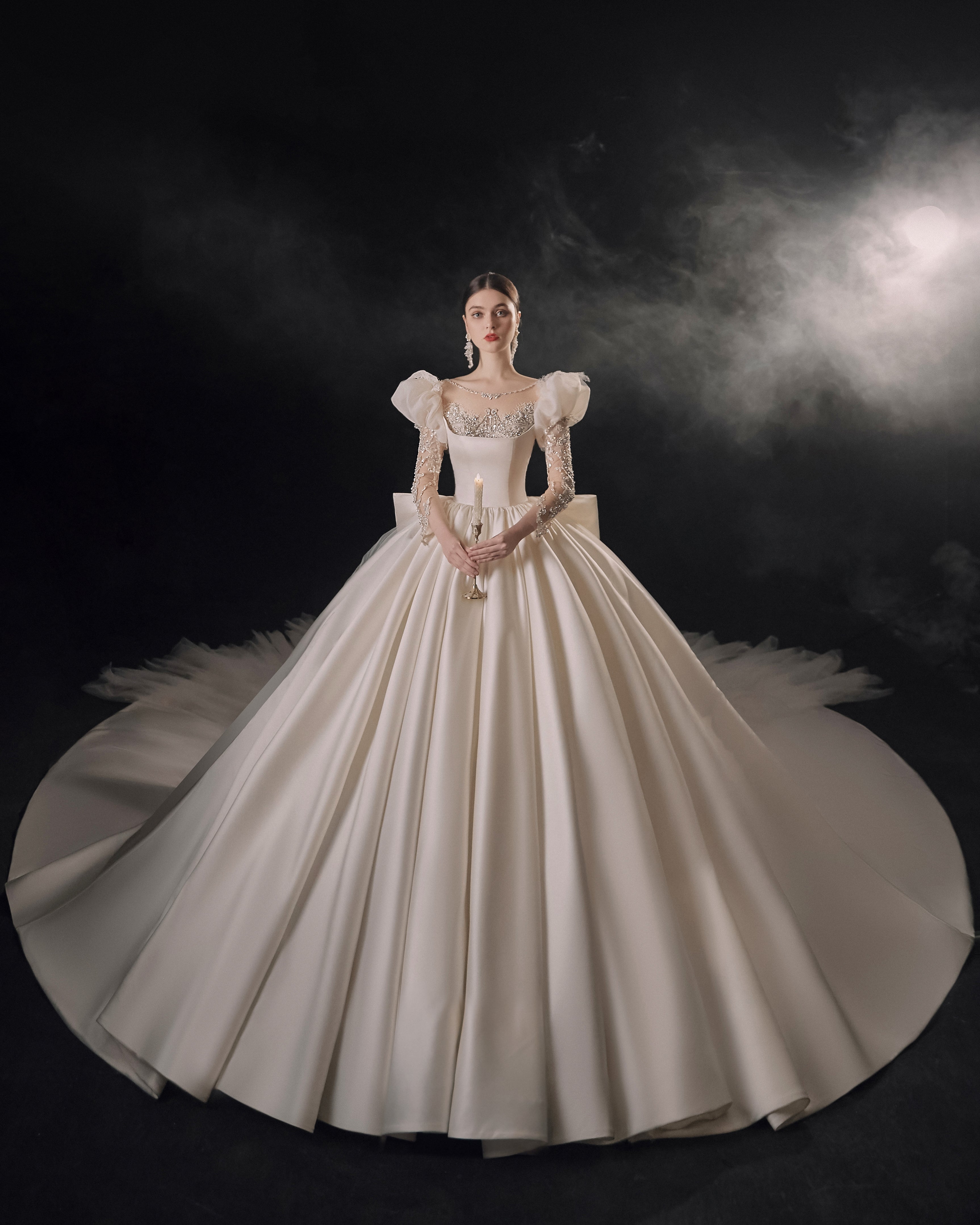 Regal Square Neck Satin Ball Gown Wedding Dress with Oversized Bow & Cathedral Train