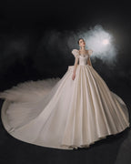 Regal Square Neck Satin Ball Gown Wedding Dress with Oversized Bow & Cathedral Train