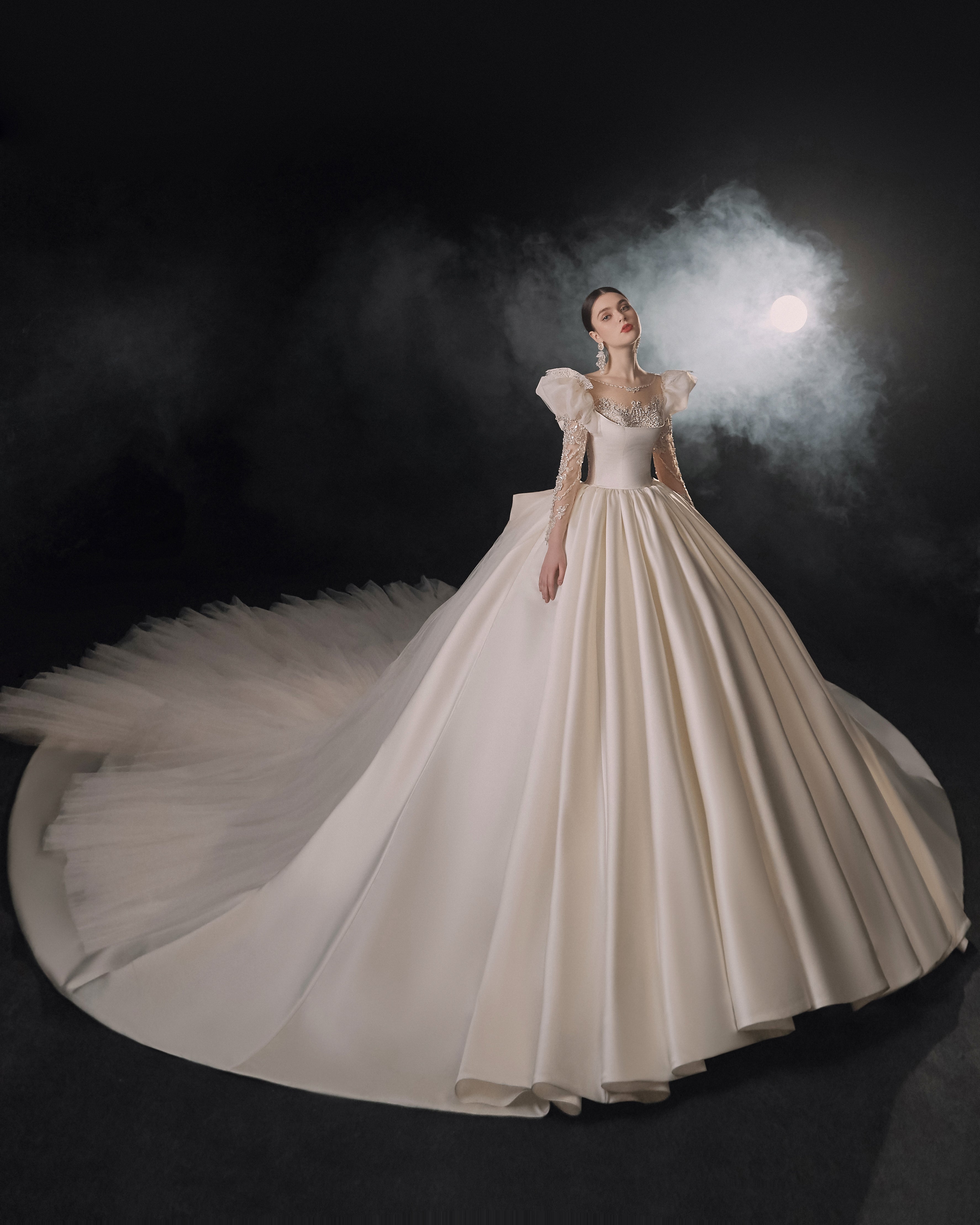 Regal Square Neck Satin Ball Gown Wedding Dress with Oversized Bow & Cathedral Train