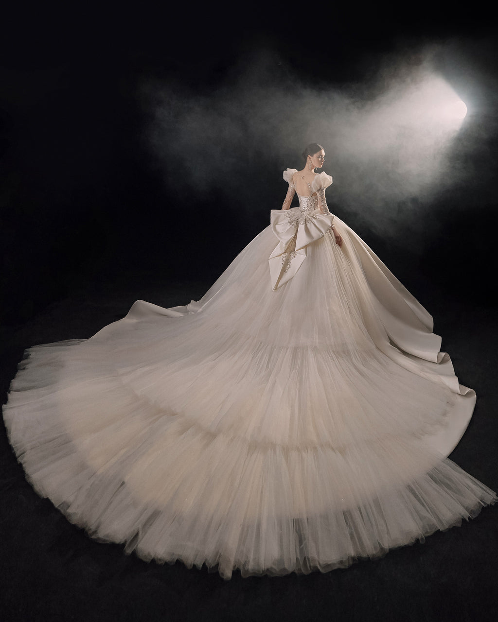 Regal Square Neck Satin Ball Gown Wedding Dress with Oversized Bow & Cathedral Train