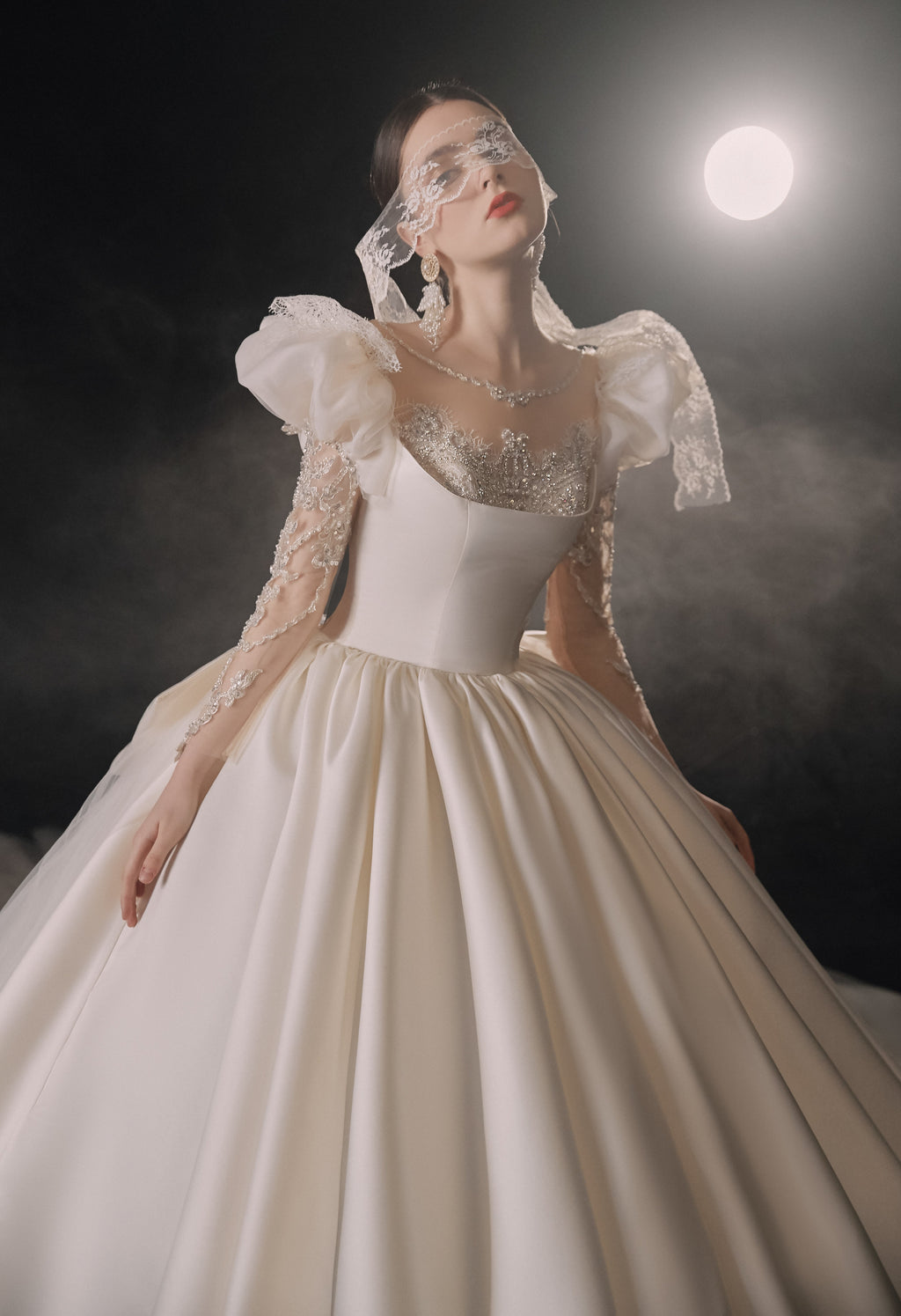 Regal Square Neck Satin Ball Gown Wedding Dress with Oversized Bow & Cathedral Train