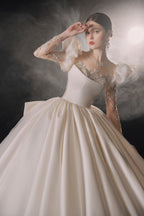 Regal Square Neck Satin Ball Gown Wedding Dress with Oversized Bow & Cathedral Train