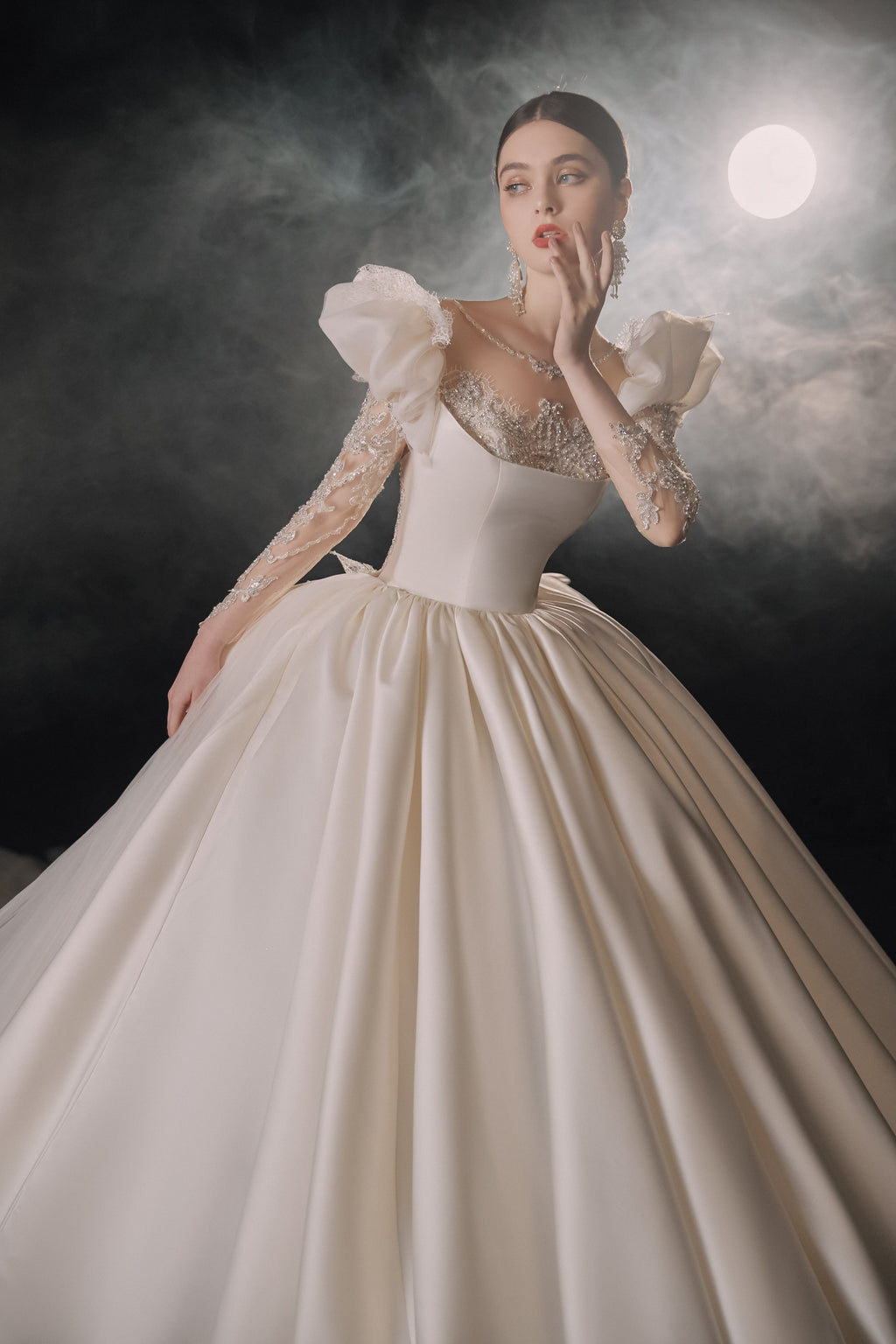 Regal Square Neck Satin Ball Gown Wedding Dress with Oversized Bow & Cathedral Train
