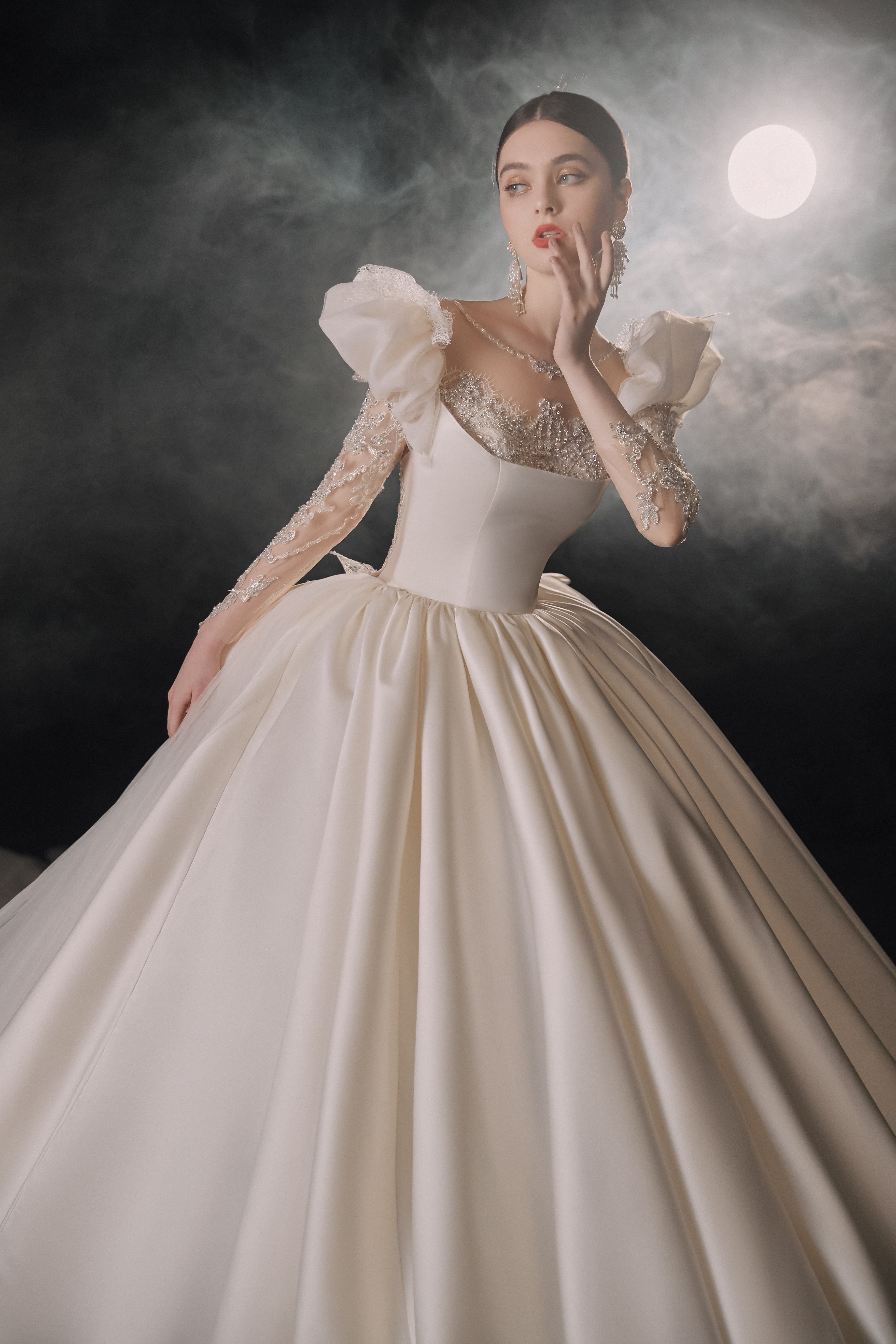 Regal Square Neck Satin Ball Gown Wedding Dress with Oversized Bow & Cathedral Train