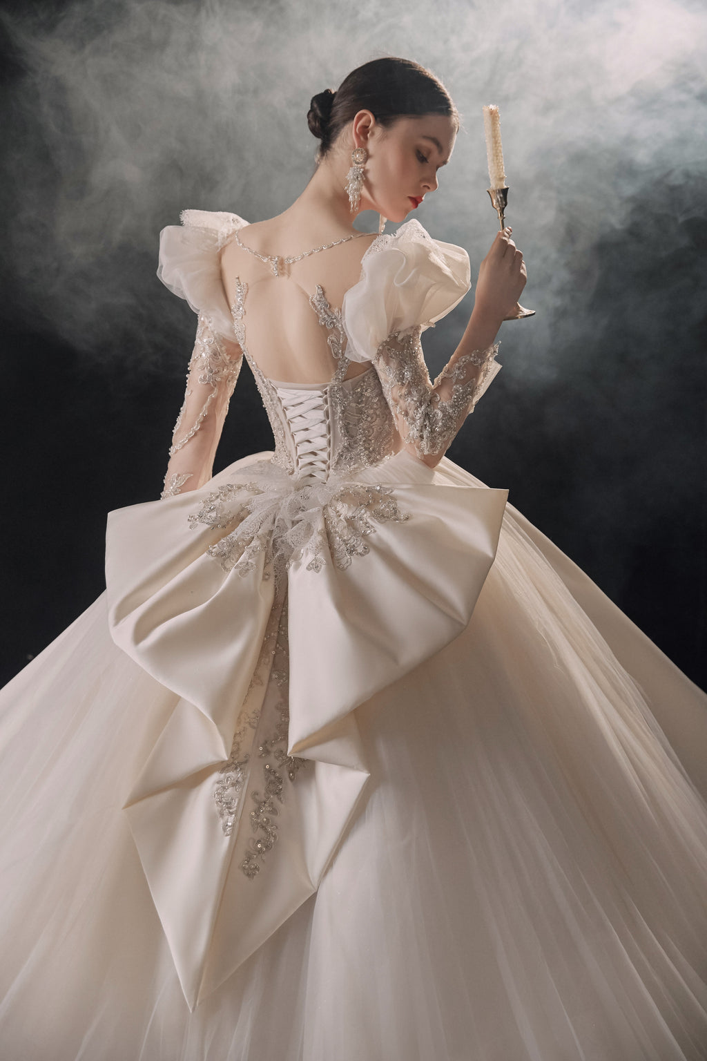 Regal Square Neck Satin Ball Gown Wedding Dress with Oversized Bow & Cathedral Train
