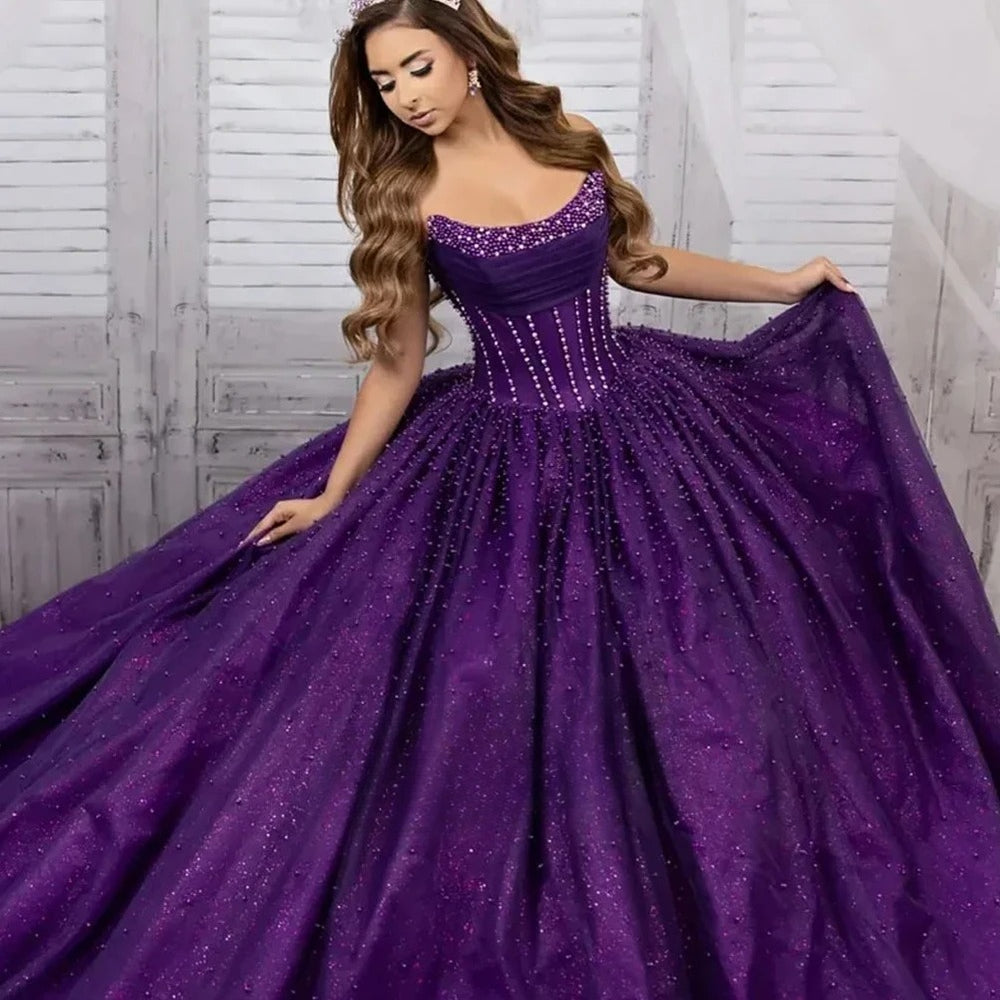 Starsync Customized Bright Quinceanera Dress Luxuly Pearl Sparkle bead Strapless shawl skirt Detachable bow sleeves Vestidos