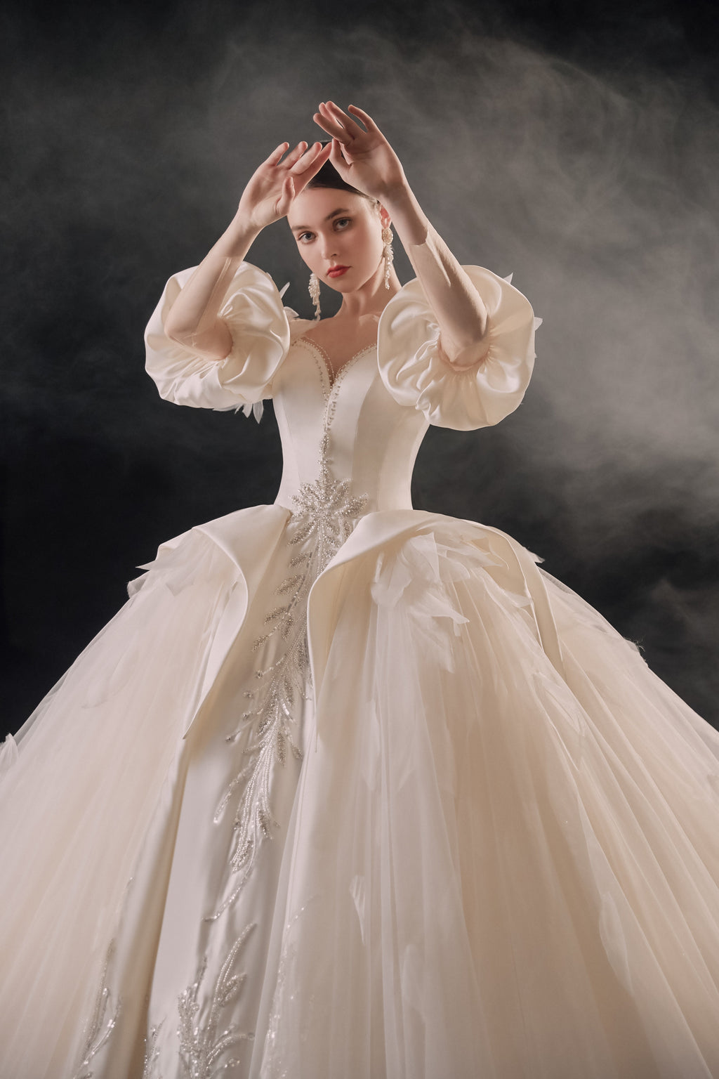 Ethereal Off-Shoulder Feather Satin Ball Gown Wedding Dress with Cathedral Train & Crystal Detailing