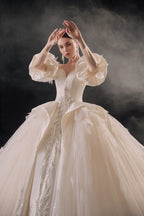 Ethereal Off-Shoulder Feather Satin Ball Gown Wedding Dress with Cathedral Train & Crystal Detailing