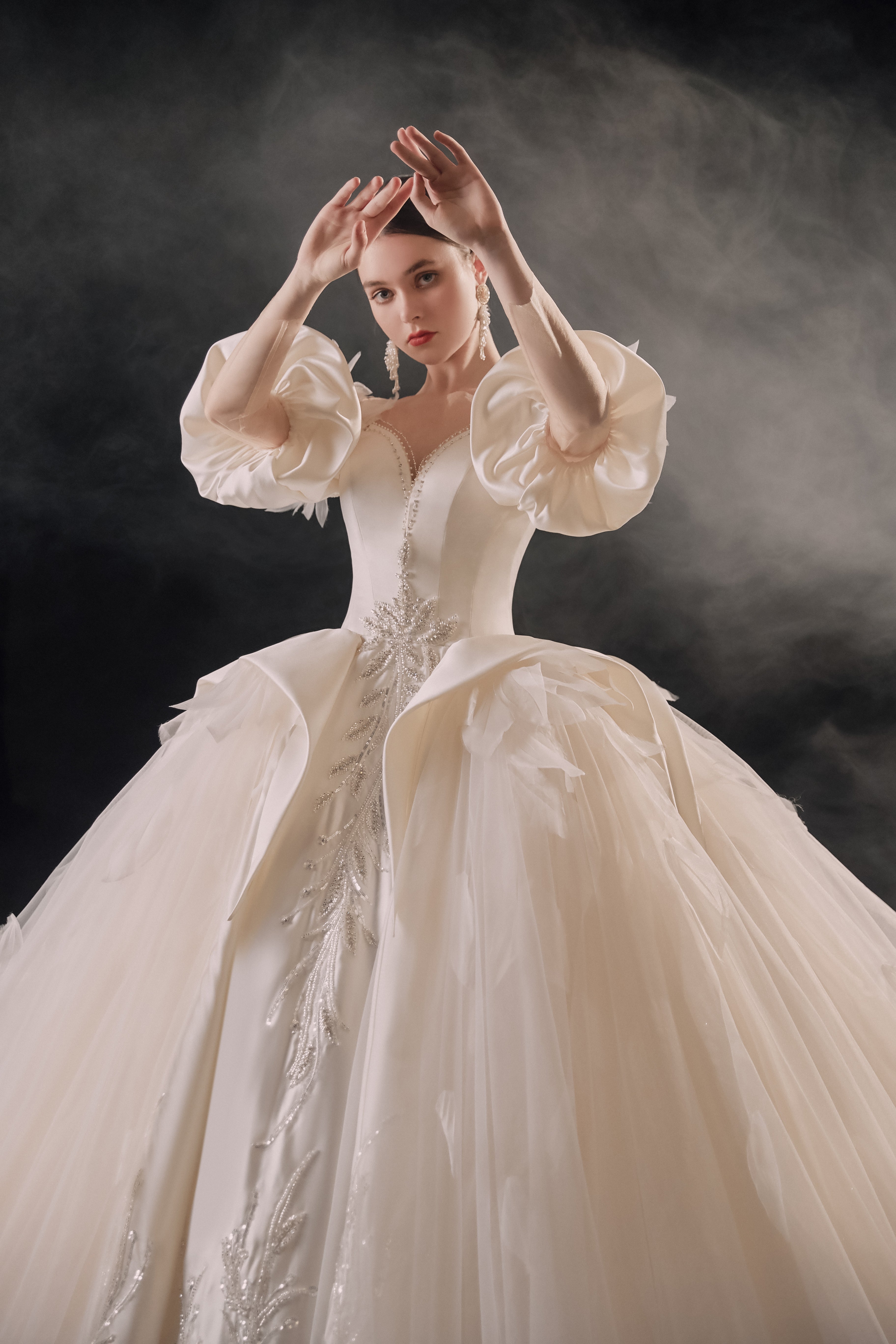 Ethereal Off-Shoulder Feather Satin Ball Gown Wedding Dress with Cathedral Train & Crystal Detailing