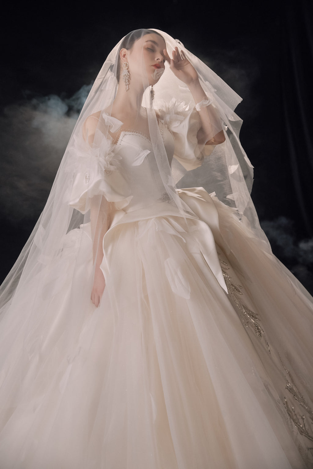 Ethereal Off-Shoulder Feather Satin Ball Gown Wedding Dress with Cathedral Train & Crystal Detailing