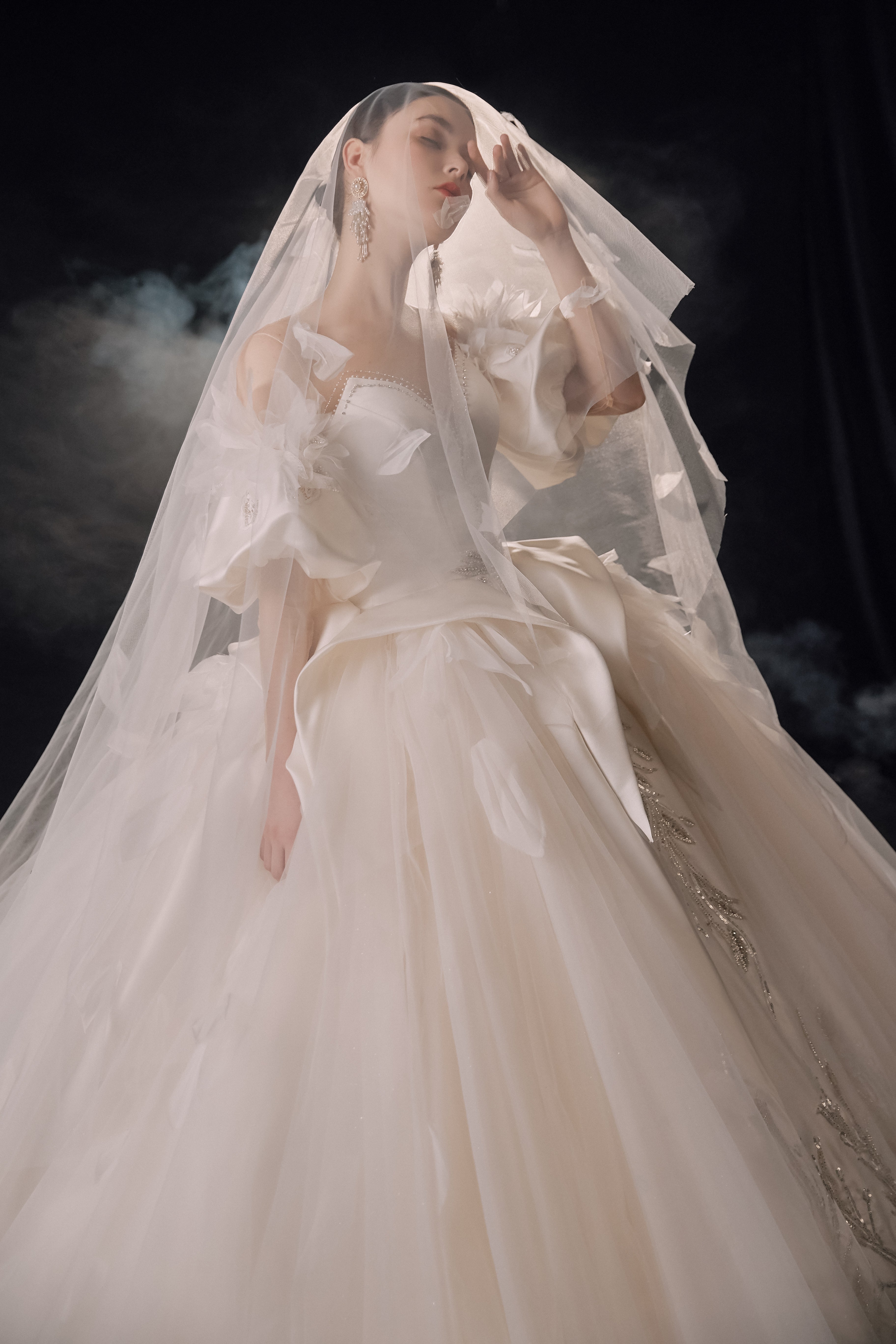 Ethereal Off-Shoulder Feather Satin Ball Gown Wedding Dress with Cathedral Train & Crystal Detailing