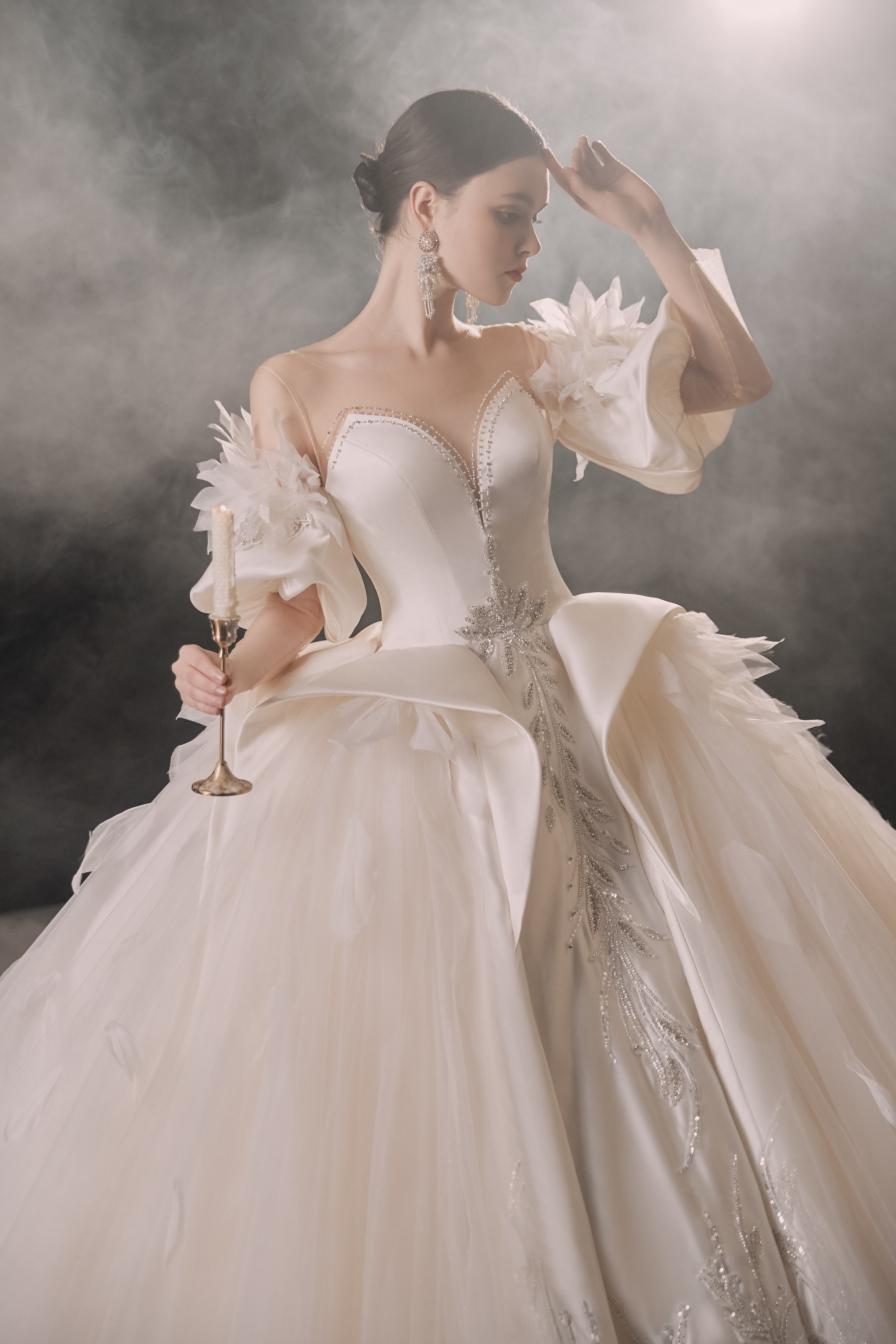 Ethereal Off-Shoulder Feather Satin Ball Gown Wedding Dress with Cathedral Train & Crystal Detailing