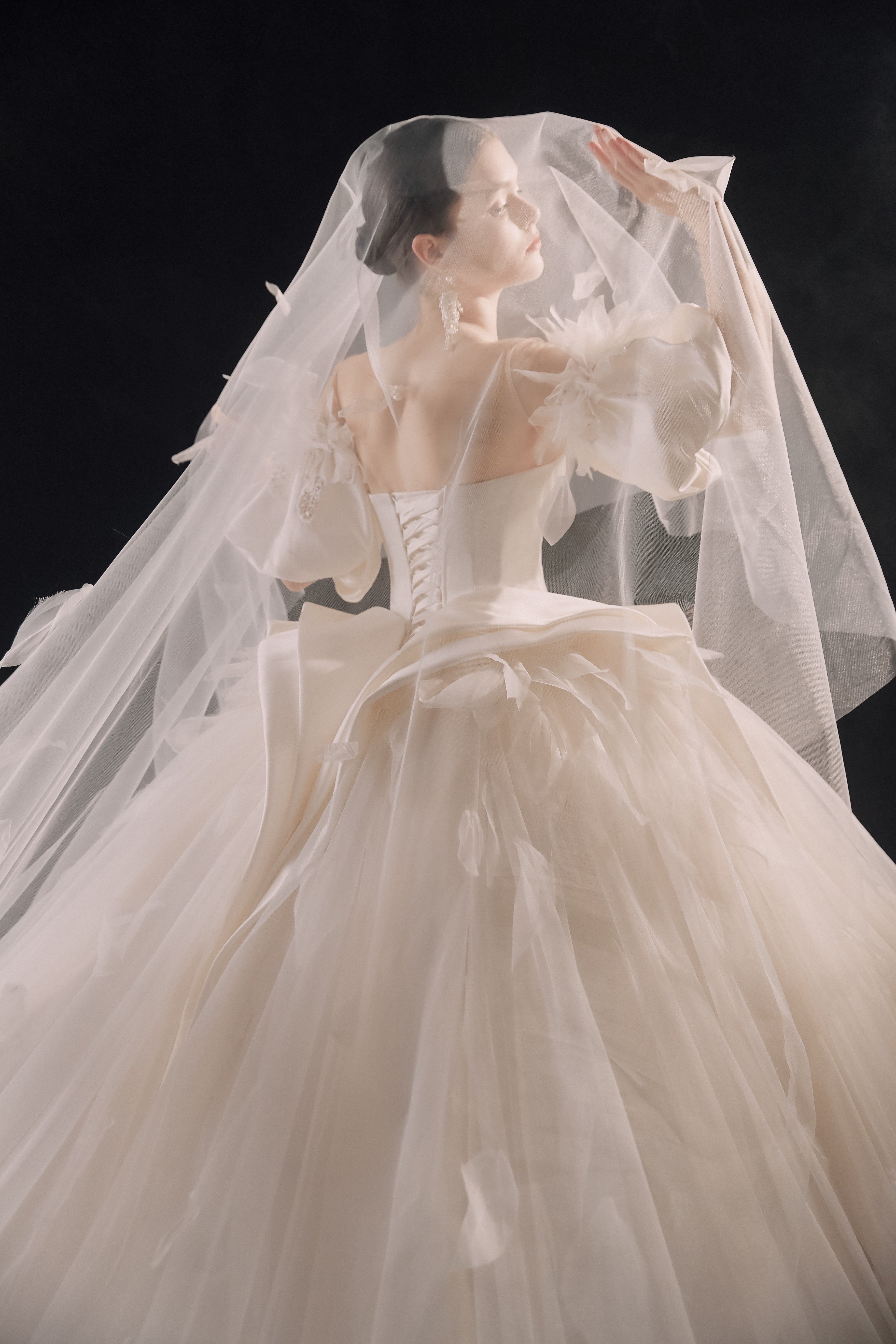 Ethereal Off-Shoulder Feather Satin Ball Gown Wedding Dress with Cathedral Train & Crystal Detailing