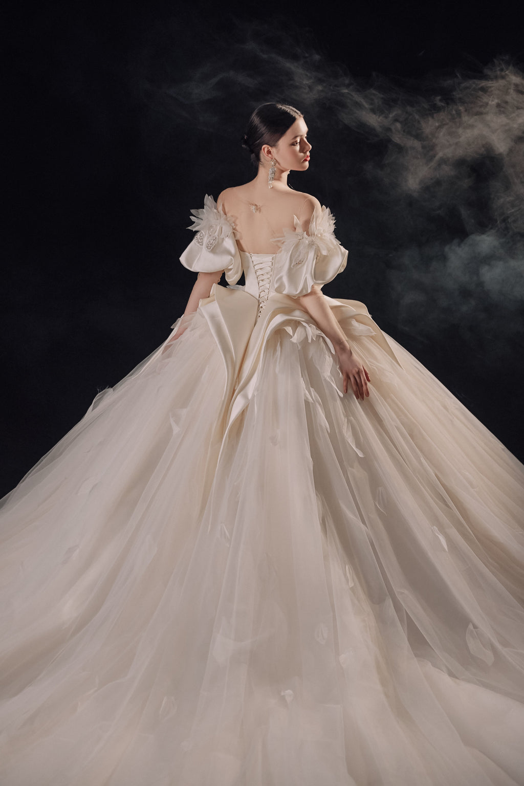 Ethereal Off-Shoulder Feather Satin Ball Gown Wedding Dress with Cathedral Train & Crystal Detailing