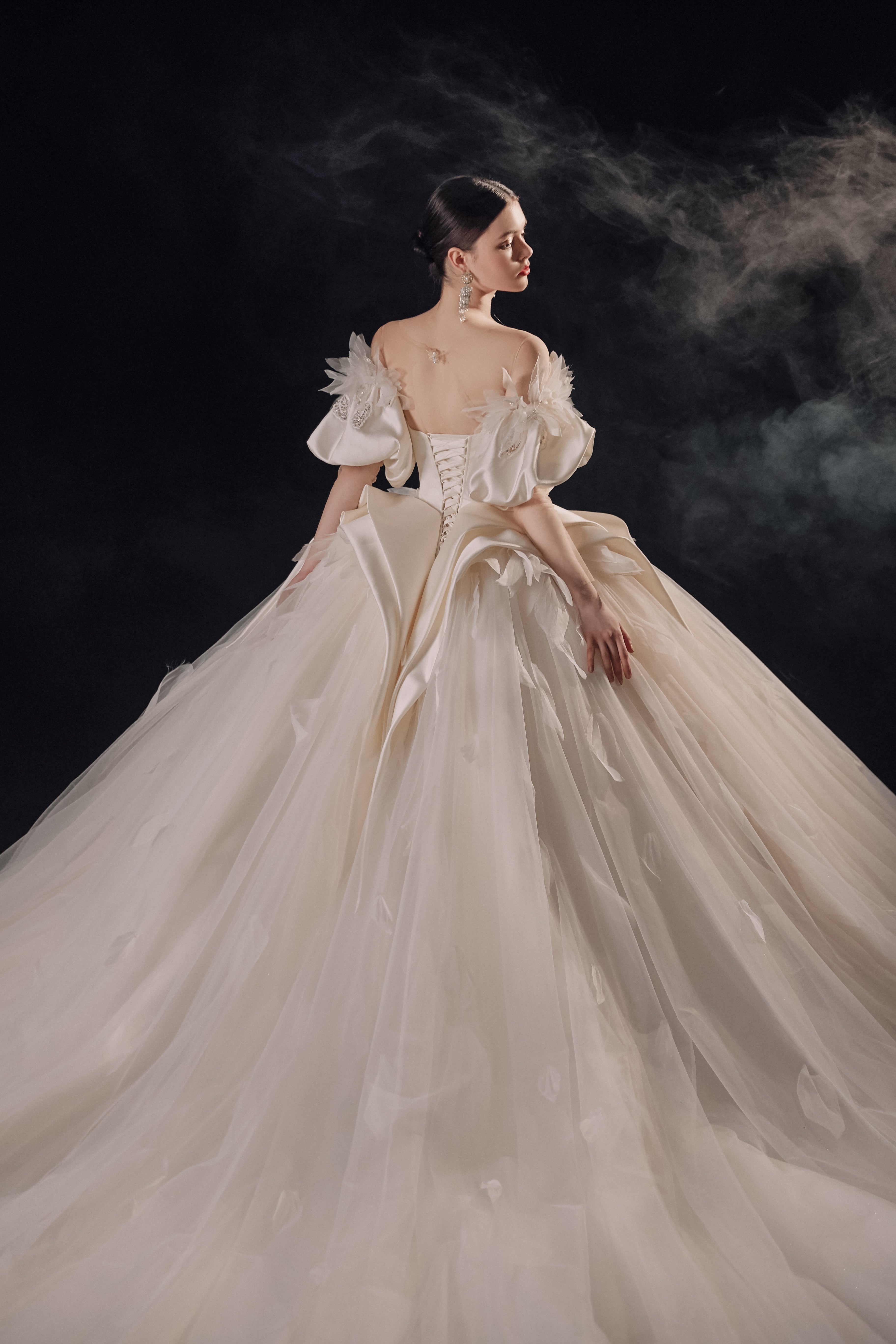 Ethereal Off-Shoulder Feather Satin Ball Gown Wedding Dress with Cathedral Train & Crystal Detailing