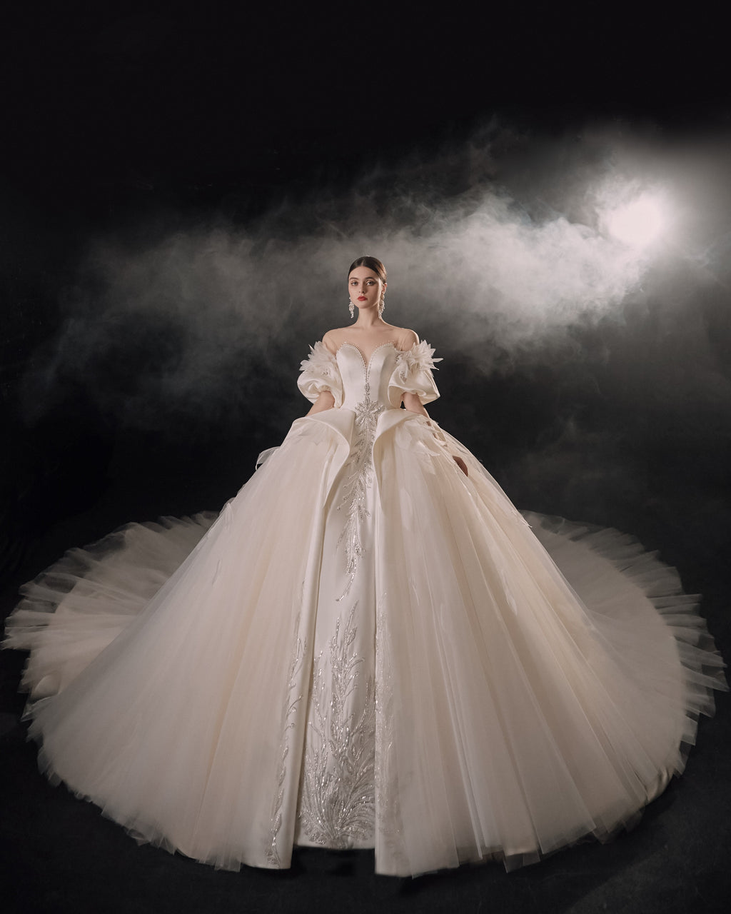 Ethereal Off-Shoulder Feather Satin Ball Gown Wedding Dress with Cathedral Train & Crystal Detailing