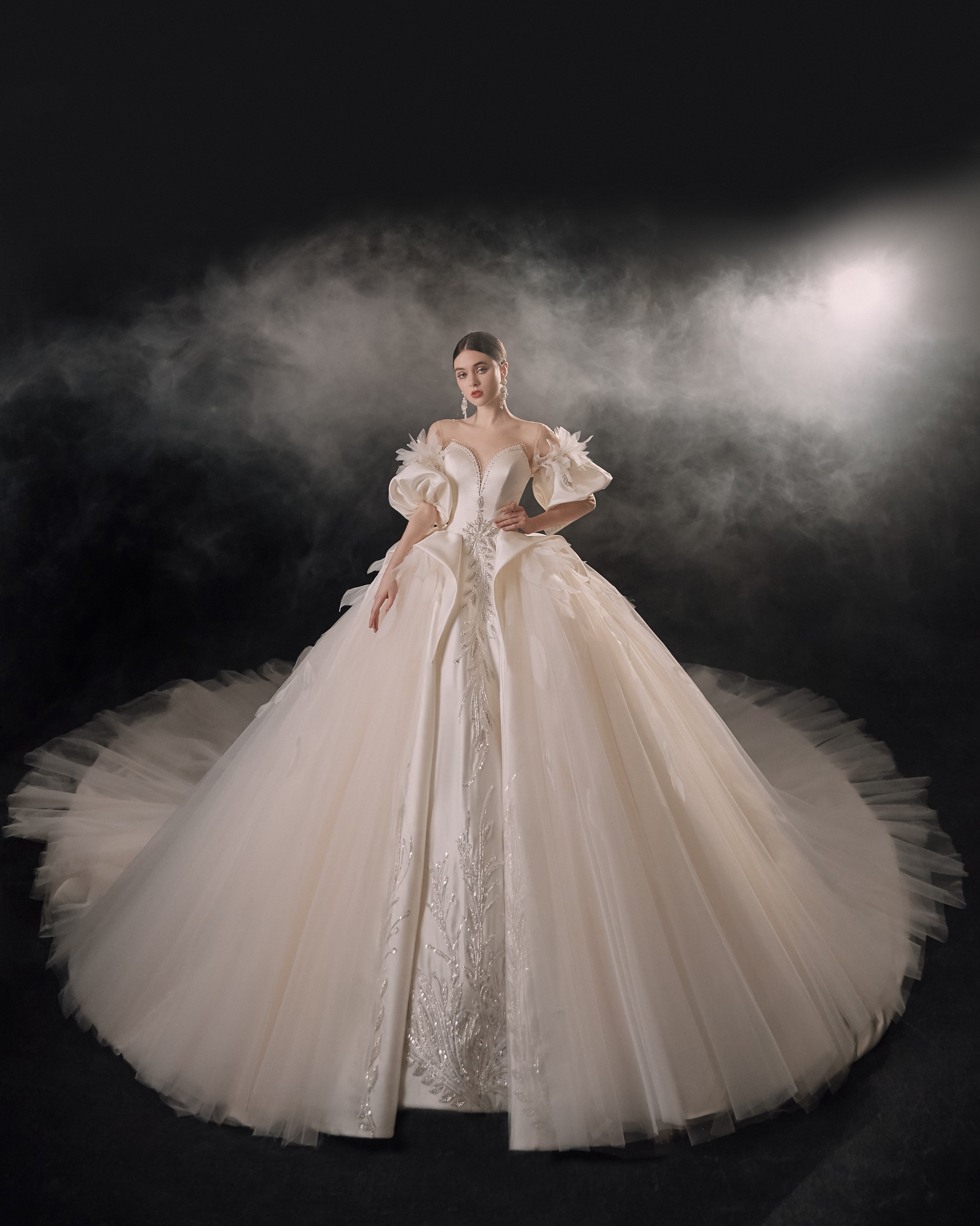 Ethereal Off-Shoulder Feather Satin Ball Gown Wedding Dress with Cathedral Train & Crystal Detailing