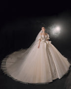 Ethereal Off-Shoulder Feather Satin Ball Gown Wedding Dress with Cathedral Train & Crystal Detailing