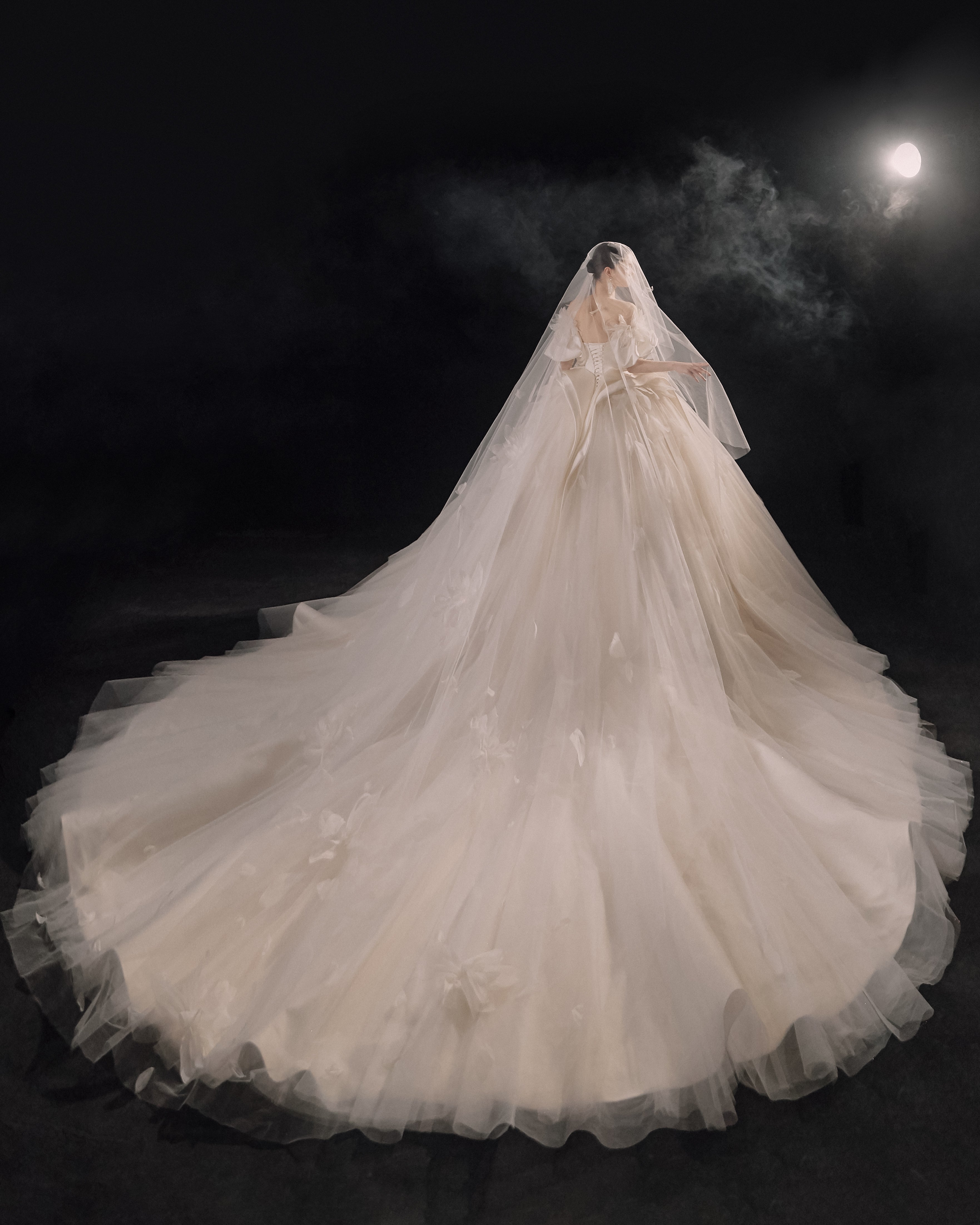 Ethereal Off-Shoulder Feather Satin Ball Gown Wedding Dress with Cathedral Train & Crystal Detailing