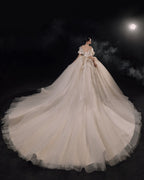 Ethereal Off-Shoulder Feather Satin Ball Gown Wedding Dress with Cathedral Train & Crystal Detailing