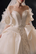 Ethereal Off-Shoulder Feather Satin Ball Gown Wedding Dress with Cathedral Train & Crystal Detailing