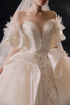 Ethereal Off-Shoulder Feather Satin Ball Gown Wedding Dress with Cathedral Train & Crystal Detailing