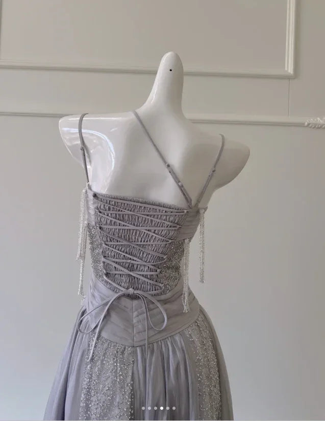 Classy Purple Sequins Tulle Beaded Tassel Prom Dress A Line Evening Dress Y8586
