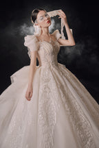 Regal Puff-Sleeve Crystal Ball Gown Wedding Dress with Cathedral Train & 3D Lace Appliqués