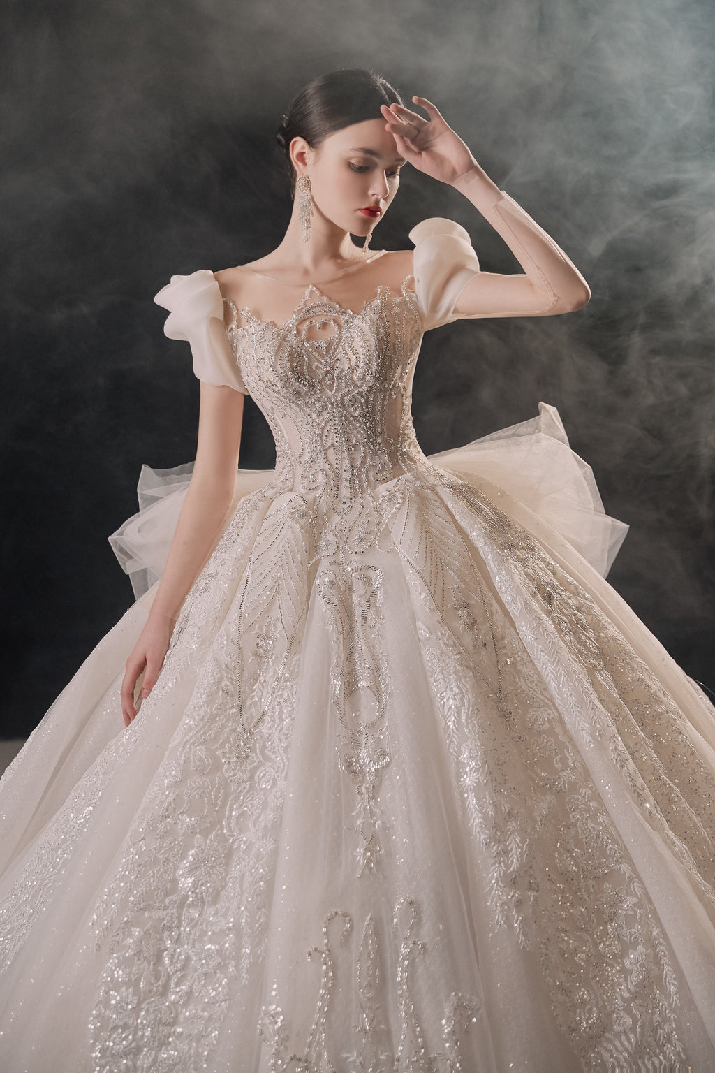 Regal Puff-Sleeve Crystal Ball Gown Wedding Dress with Cathedral Train & 3D Lace Appliqués
