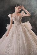 Regal Puff-Sleeve Crystal Ball Gown Wedding Dress with Cathedral Train & 3D Lace Appliqués