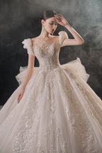 Regal Puff-Sleeve Crystal Ball Gown Wedding Dress with Cathedral Train & 3D Lace Appliqués
