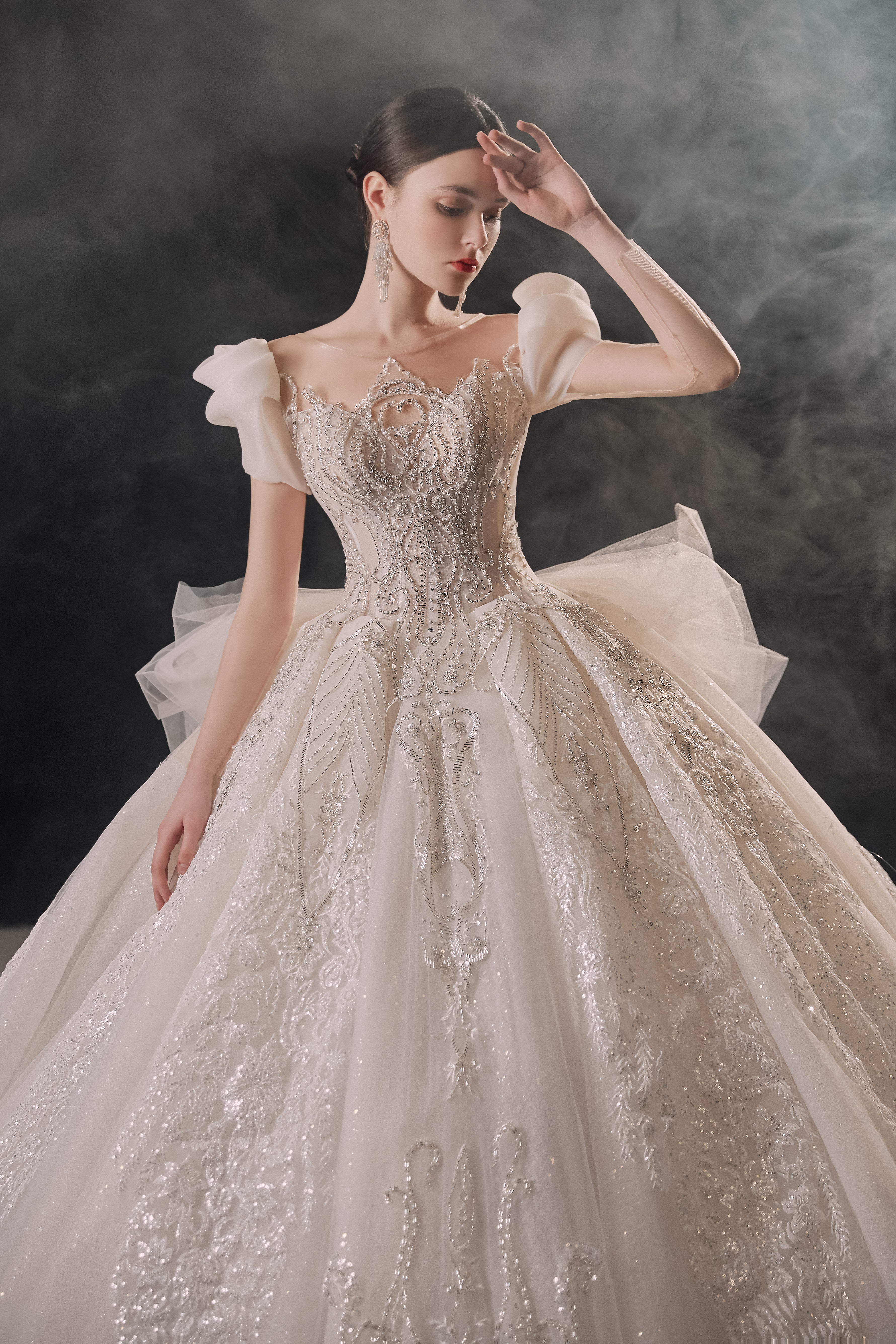 Regal Puff-Sleeve Crystal Ball Gown Wedding Dress with Cathedral Train & 3D Lace Appliqués