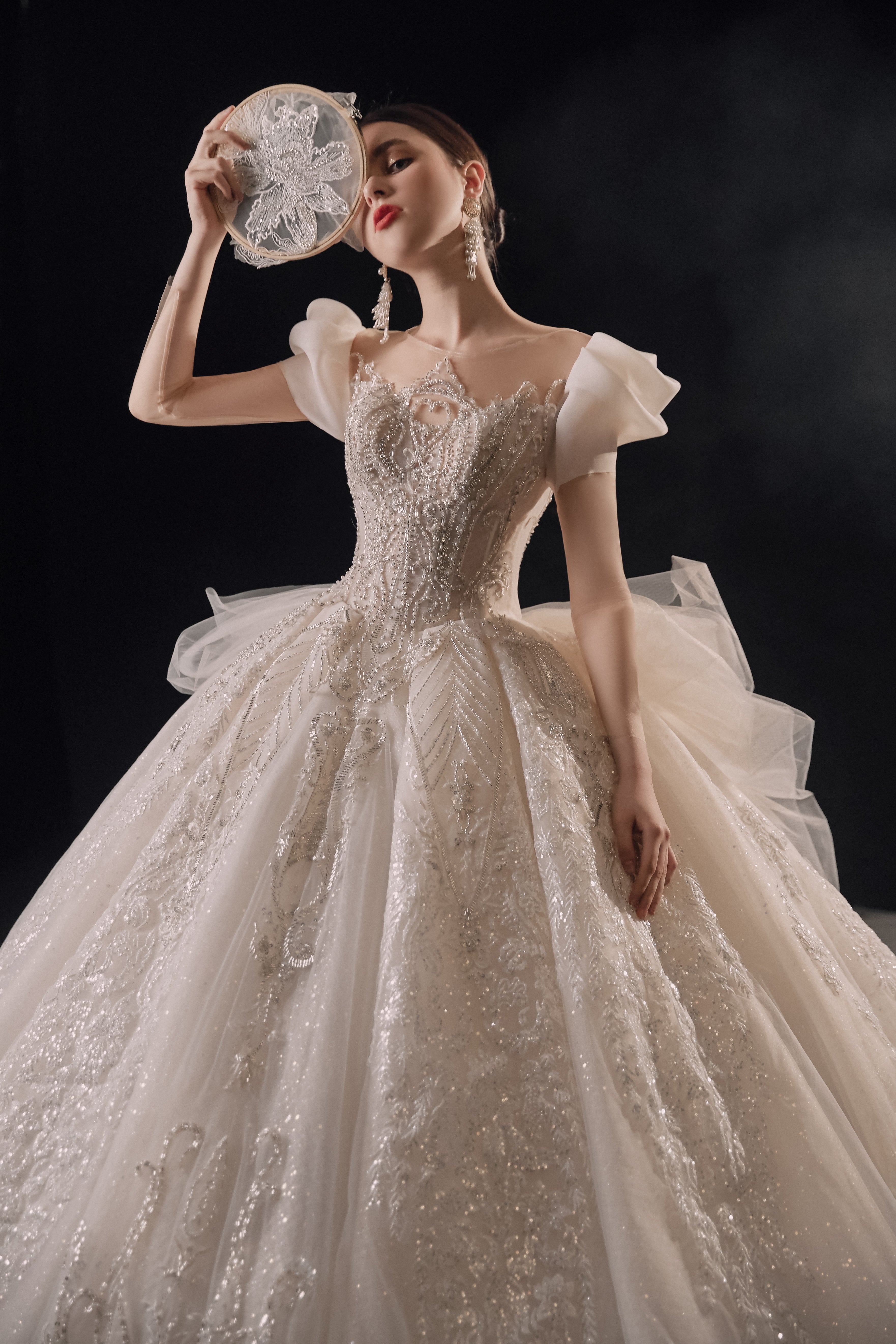 Regal Puff-Sleeve Crystal Ball Gown Wedding Dress with Cathedral Train & 3D Lace Appliqués