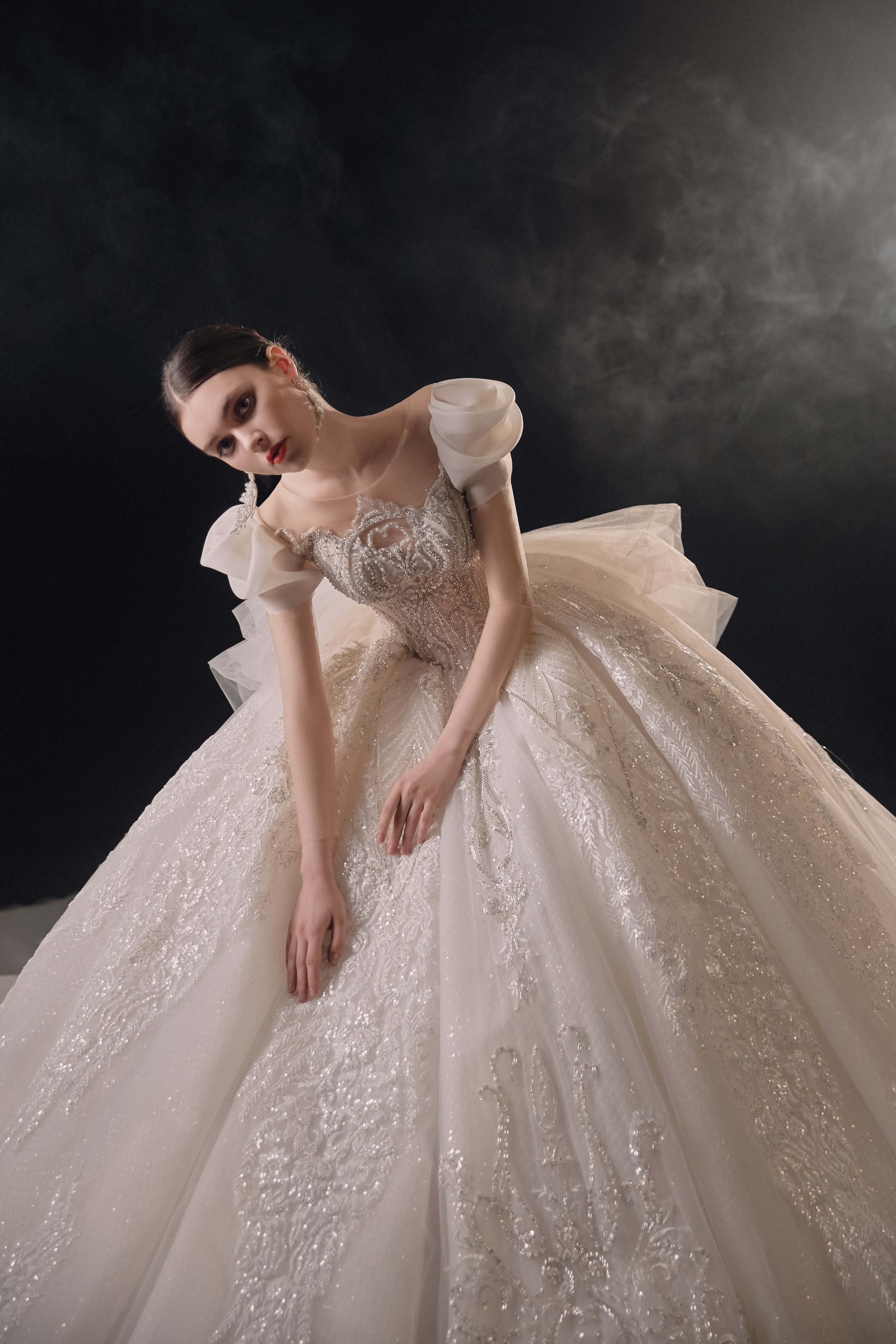 Regal Puff-Sleeve Crystal Ball Gown Wedding Dress with Cathedral Train & 3D Lace Appliqués