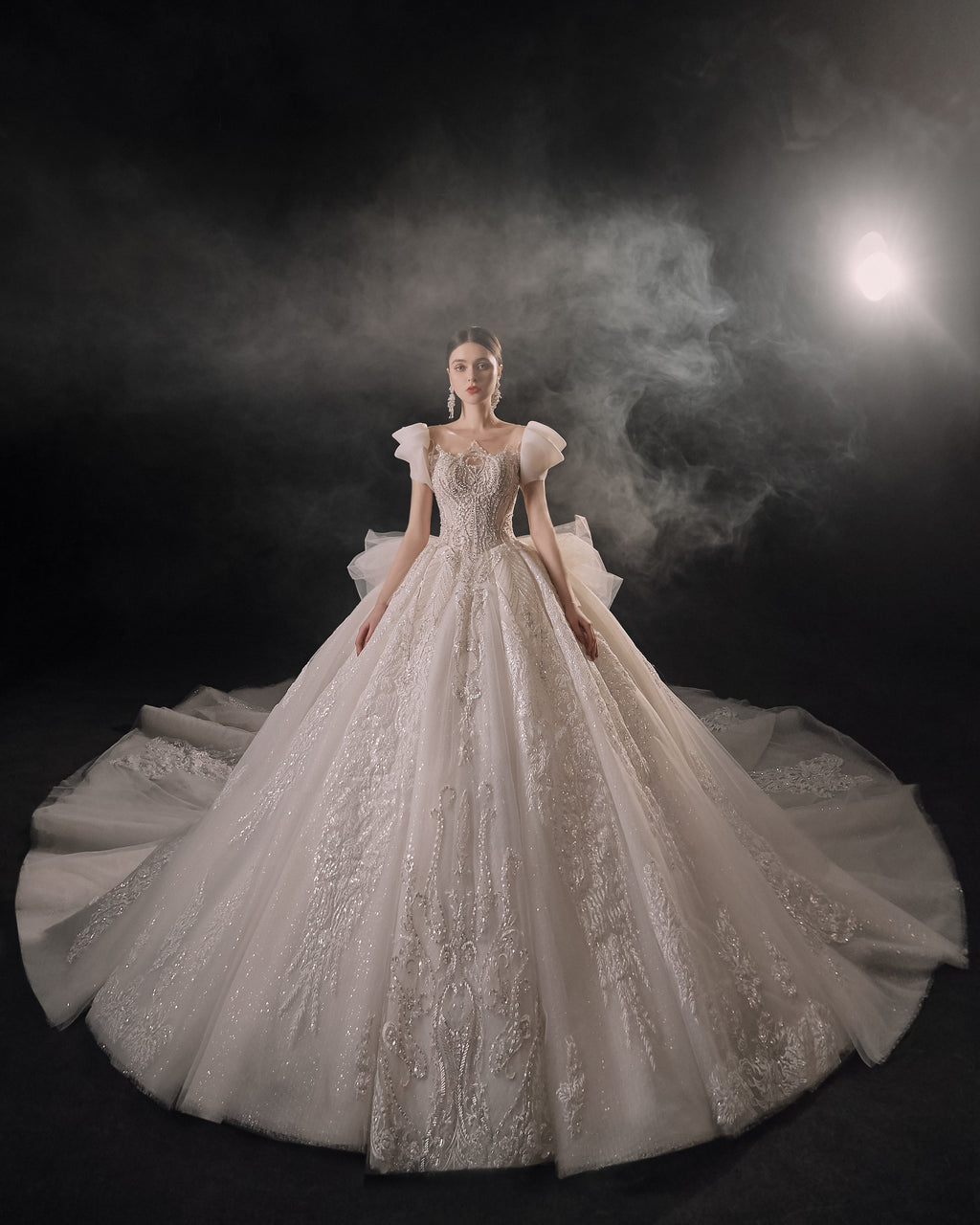 Regal Puff-Sleeve Crystal Ball Gown Wedding Dress with Cathedral Train & 3D Lace Appliqués