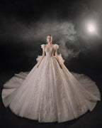 Regal Puff-Sleeve Crystal Ball Gown Wedding Dress with Cathedral Train & 3D Lace Appliqués