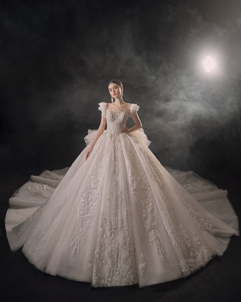 Regal Puff-Sleeve Crystal Ball Gown Wedding Dress with Cathedral Train & 3D Lace Appliqués