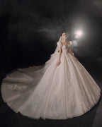 Regal Puff-Sleeve Crystal Ball Gown Wedding Dress with Cathedral Train & 3D Lace Appliqués