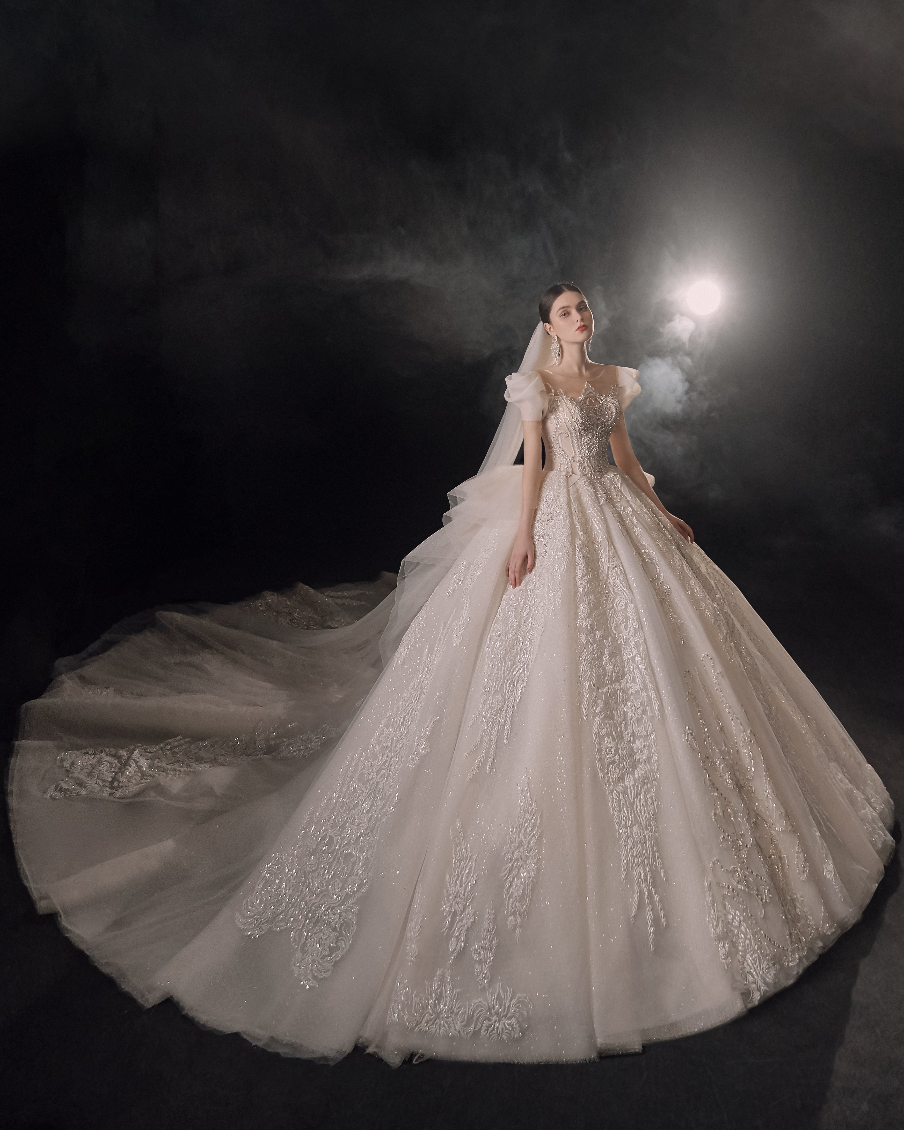 Regal Puff-Sleeve Crystal Ball Gown Wedding Dress with Cathedral Train & 3D Lace Appliqués