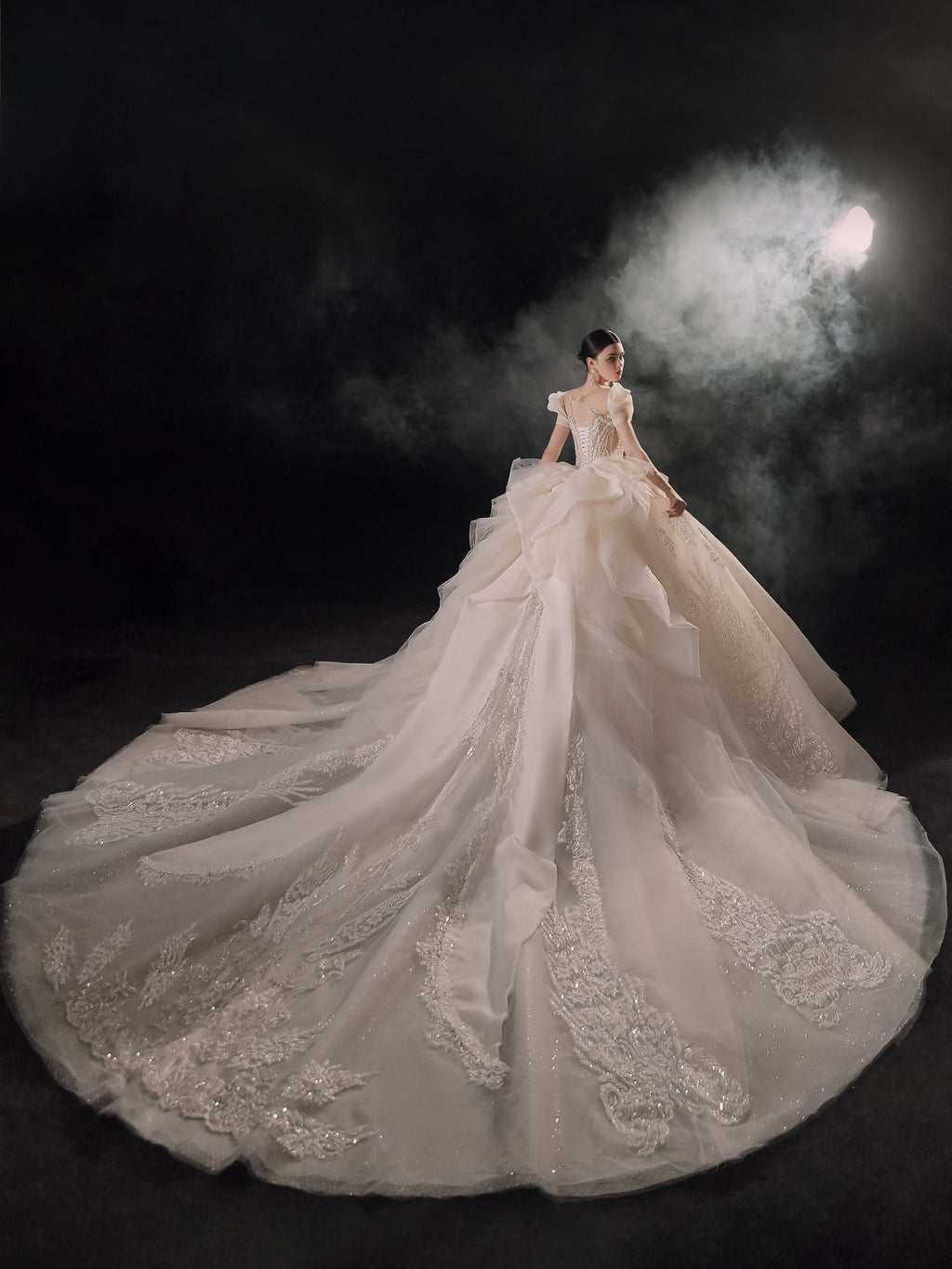 Regal Puff-Sleeve Crystal Ball Gown Wedding Dress with Cathedral Train & 3D Lace Appliqués