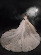 Regal Puff-Sleeve Crystal Ball Gown Wedding Dress with Cathedral Train & 3D Lace Appliqués
