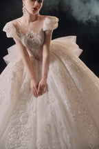 Regal Puff-Sleeve Crystal Ball Gown Wedding Dress with Cathedral Train & 3D Lace Appliqués