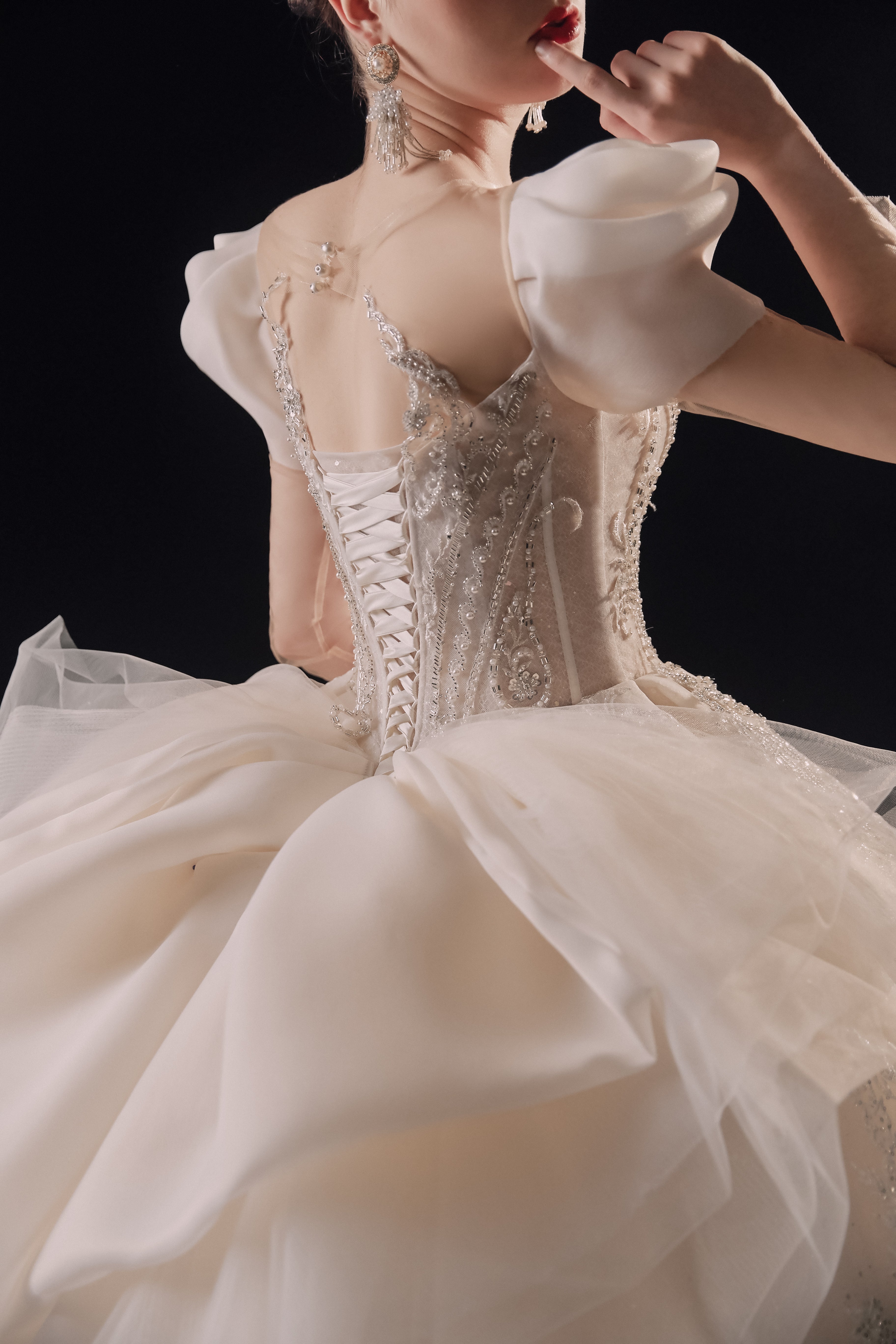 Regal Puff-Sleeve Crystal Ball Gown Wedding Dress with Cathedral Train & 3D Lace Appliqués