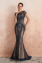 Glamorous Mermaid Beadings Long Prom Dress With Short Sleeves