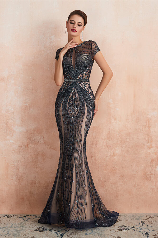 Glamorous Mermaid Beadings Long Prom Dress With Short Sleeves