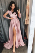 Elegant Long Sleeves Split Front A-Line Lace Prom Dresses with Sweep Train