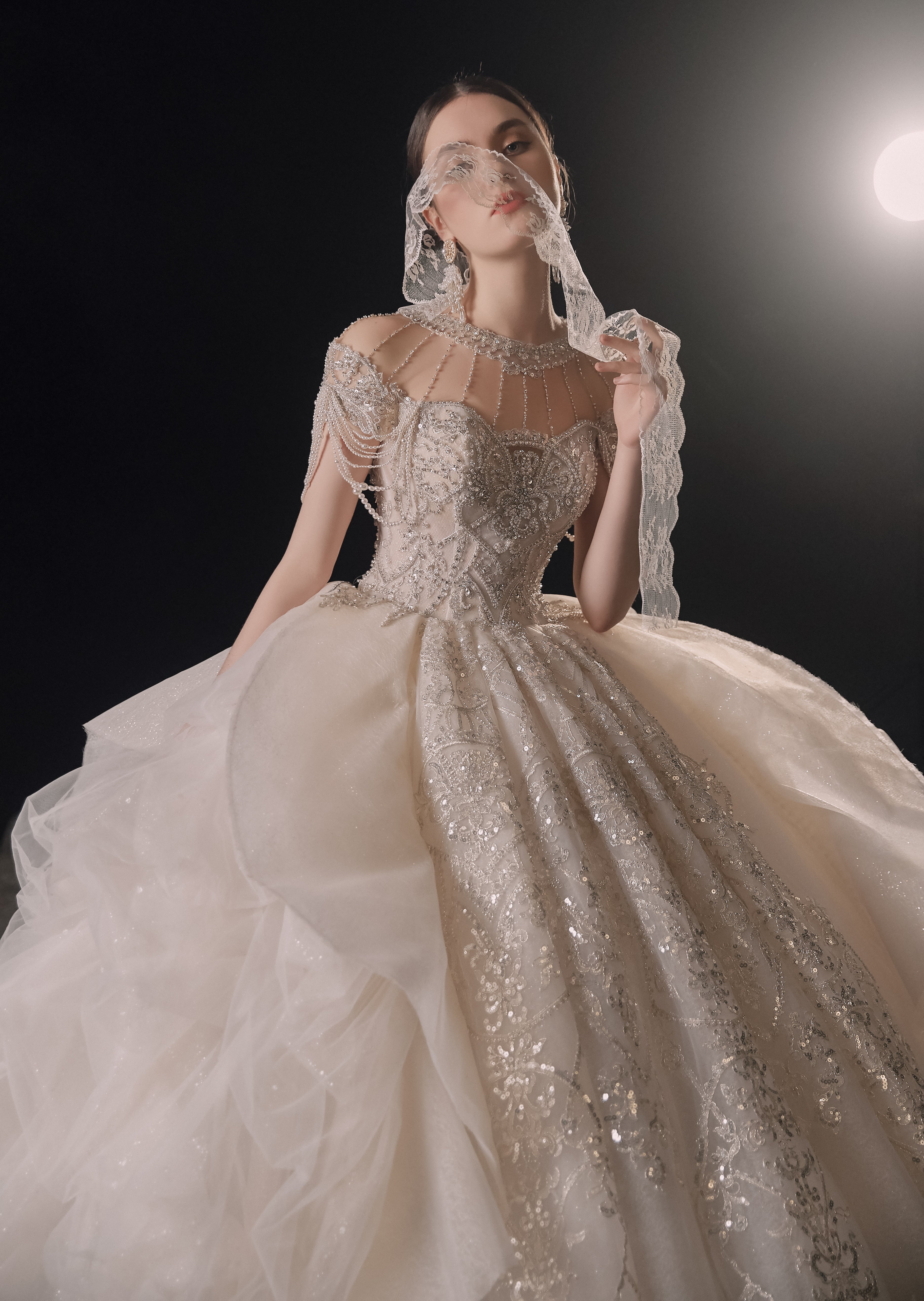 Regal High-Neck Crystal Ball Gown Wedding Dress with Cathedral Train & Cascading Beads