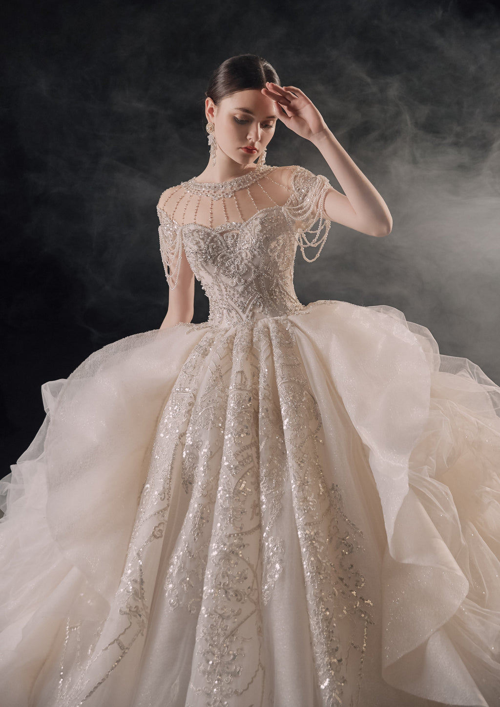 Regal High-Neck Crystal Ball Gown Wedding Dress with Cathedral Train & Cascading Beads