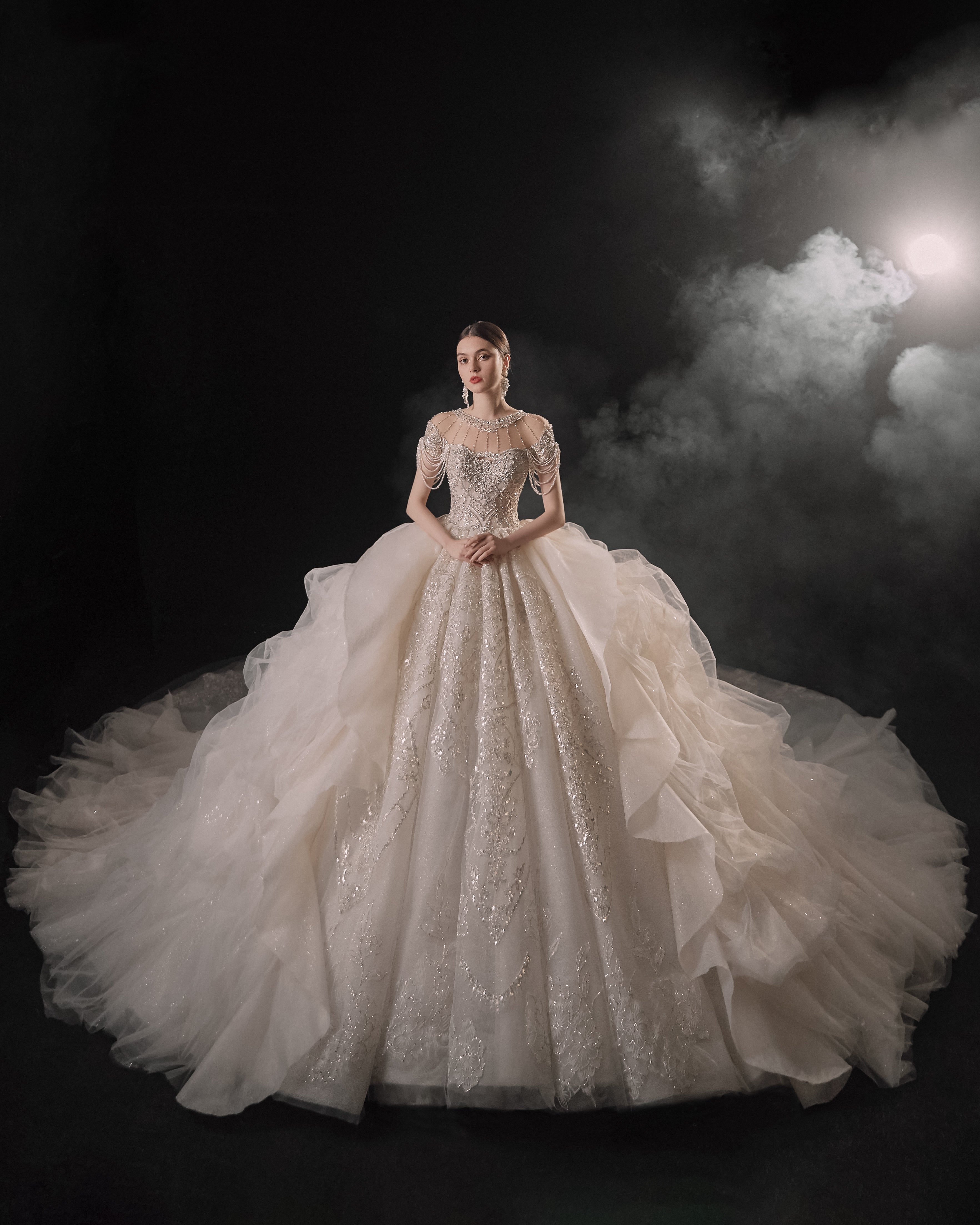 Regal High-Neck Crystal Ball Gown Wedding Dress with Cathedral Train & Cascading Beads